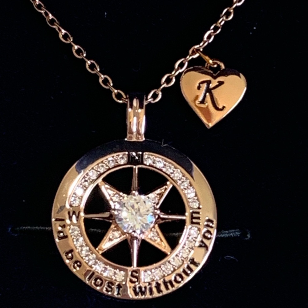 Gold Compass Pendant Necklace with Heart Charm